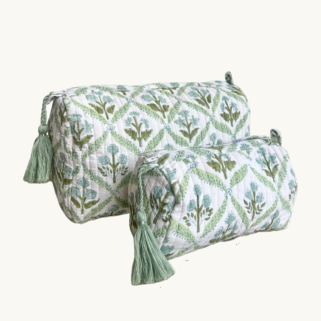 Blue and Green Trellis Handblocked Wash Bag