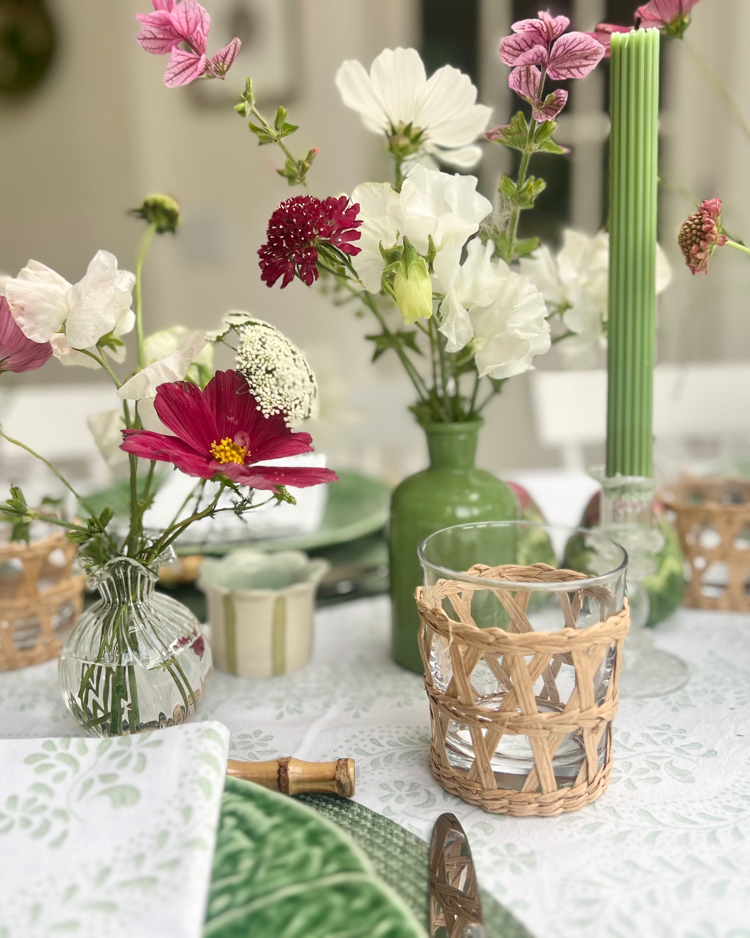 Green Rosalie Frilled Handblocked Tablecloth