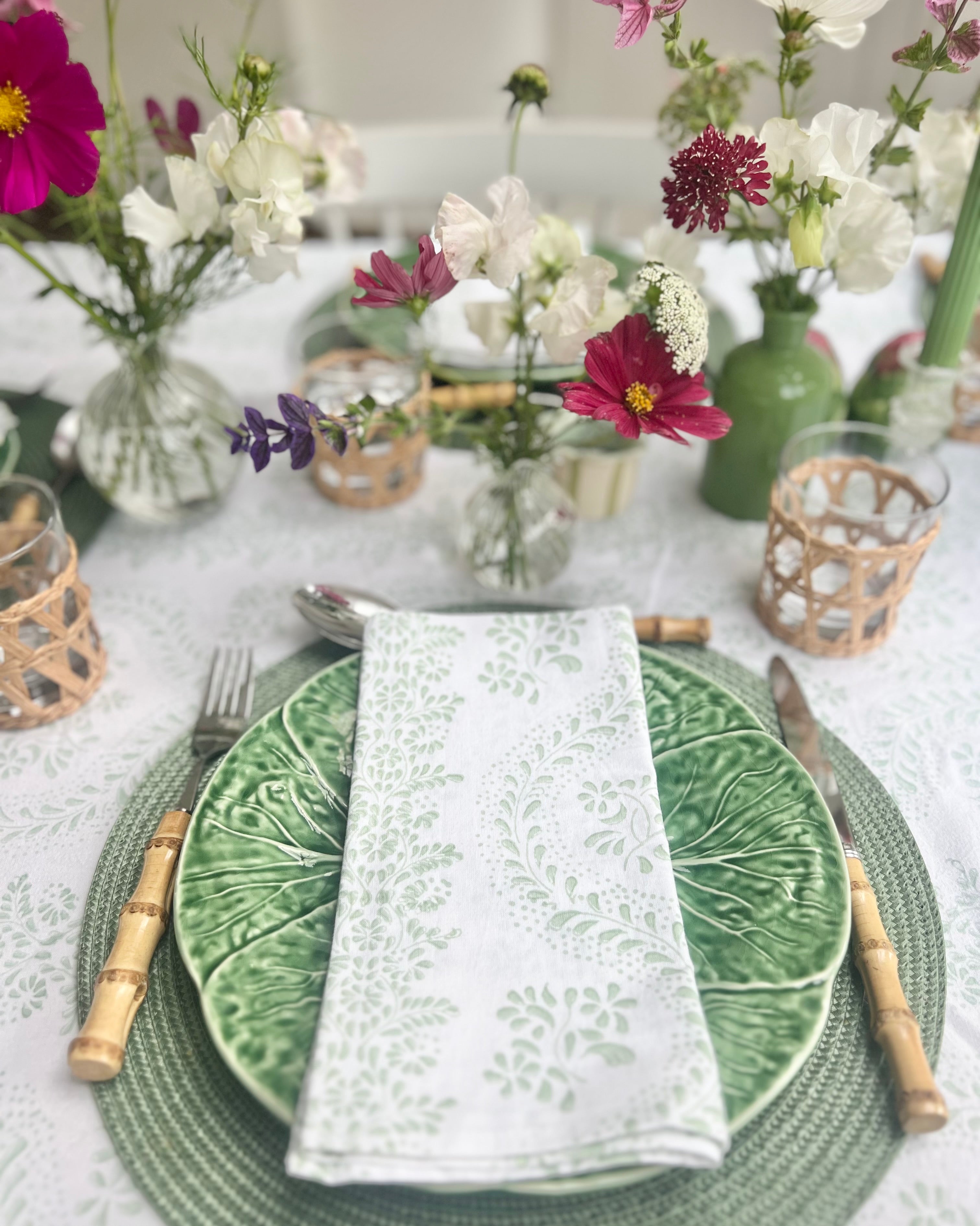 Green Rosalie Frilled Handblocked Tablecloth