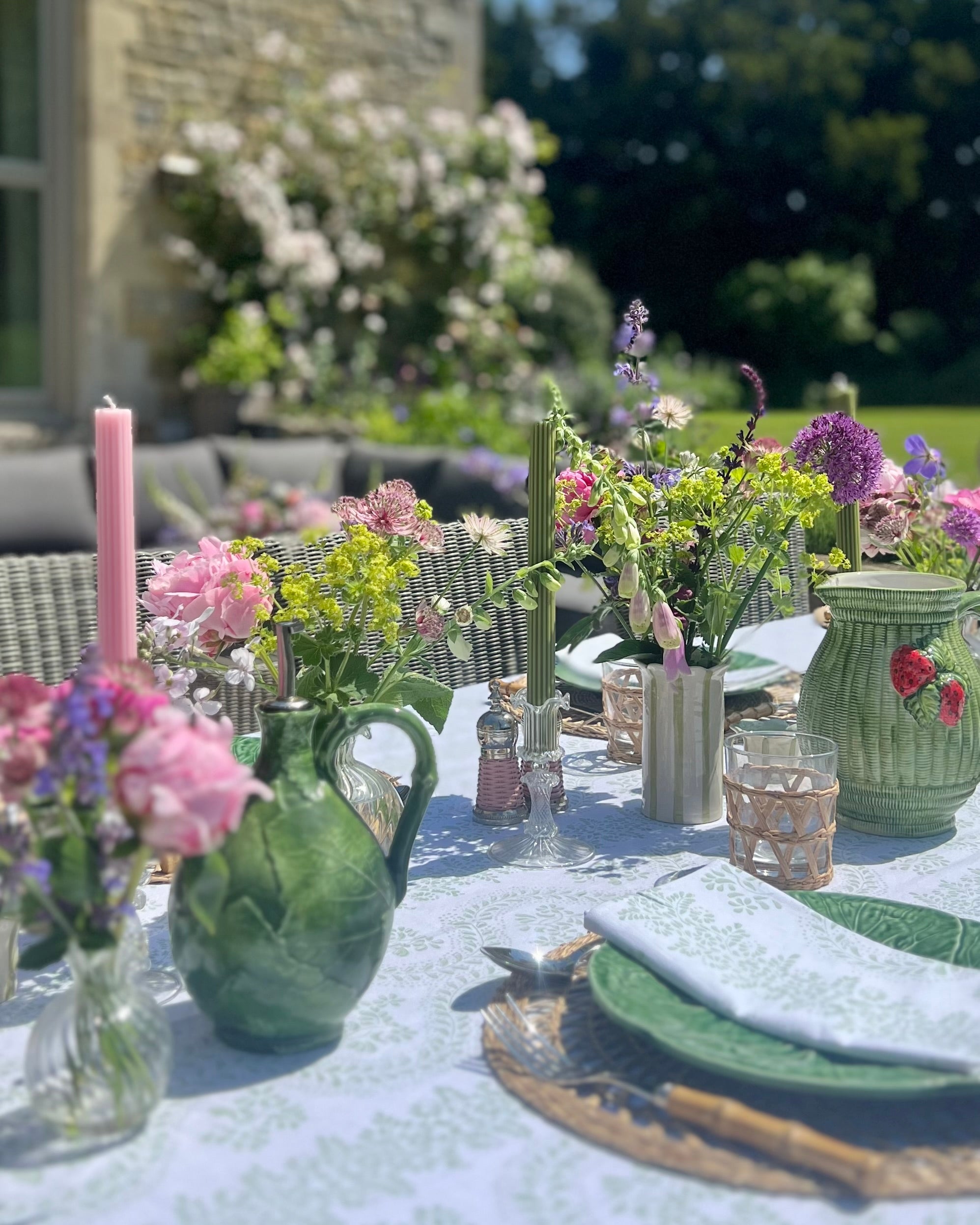 Green Rosalie Frilled Handblocked Tablecloth