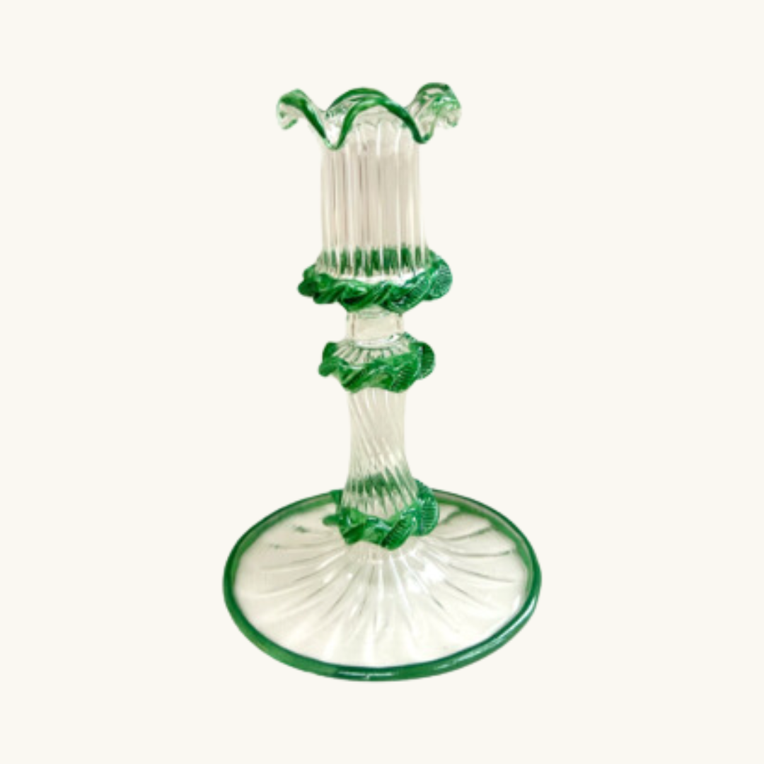 Green Frilled Glass Candlestick