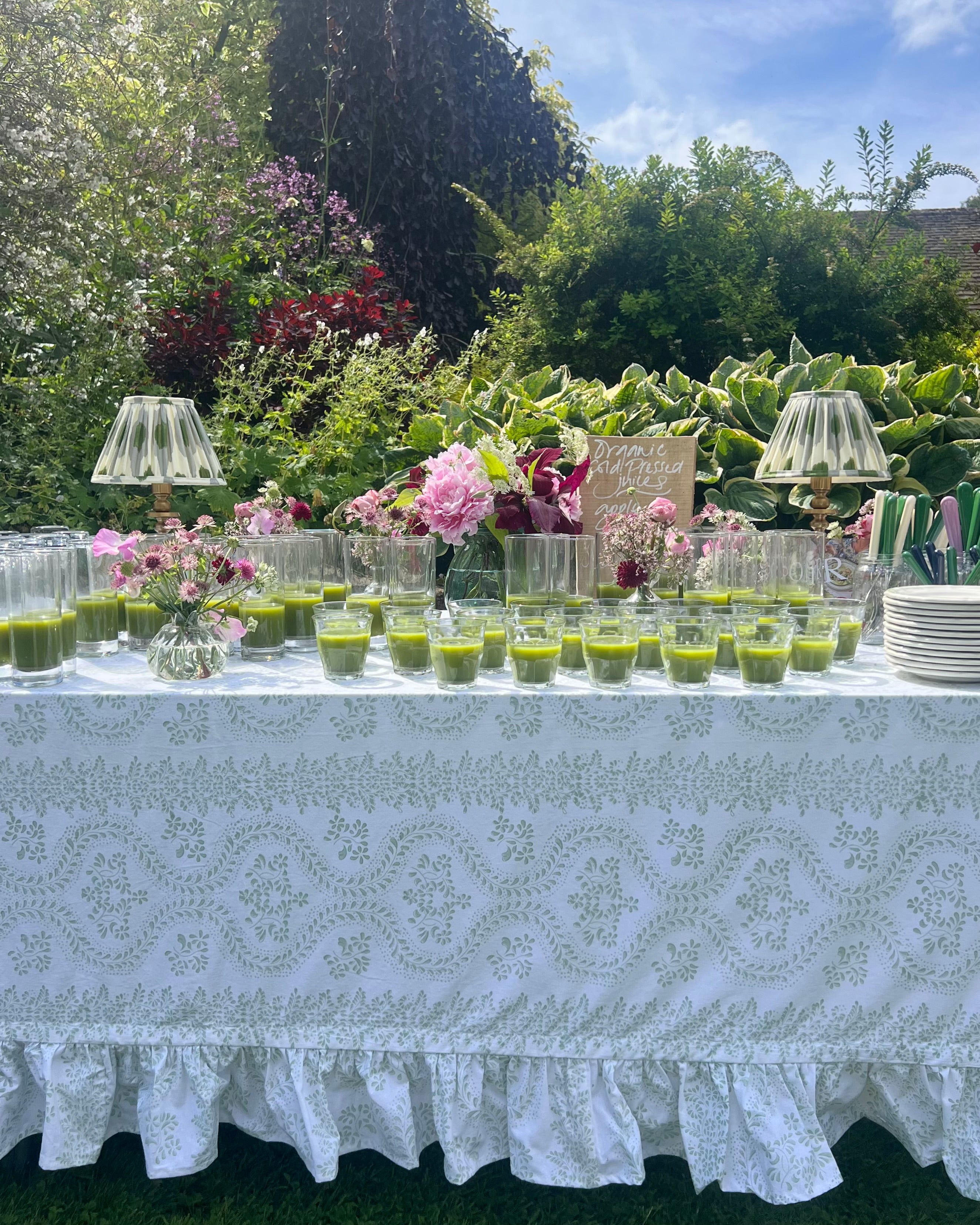 Green Rosalie Frilled Handblocked Tablecloth