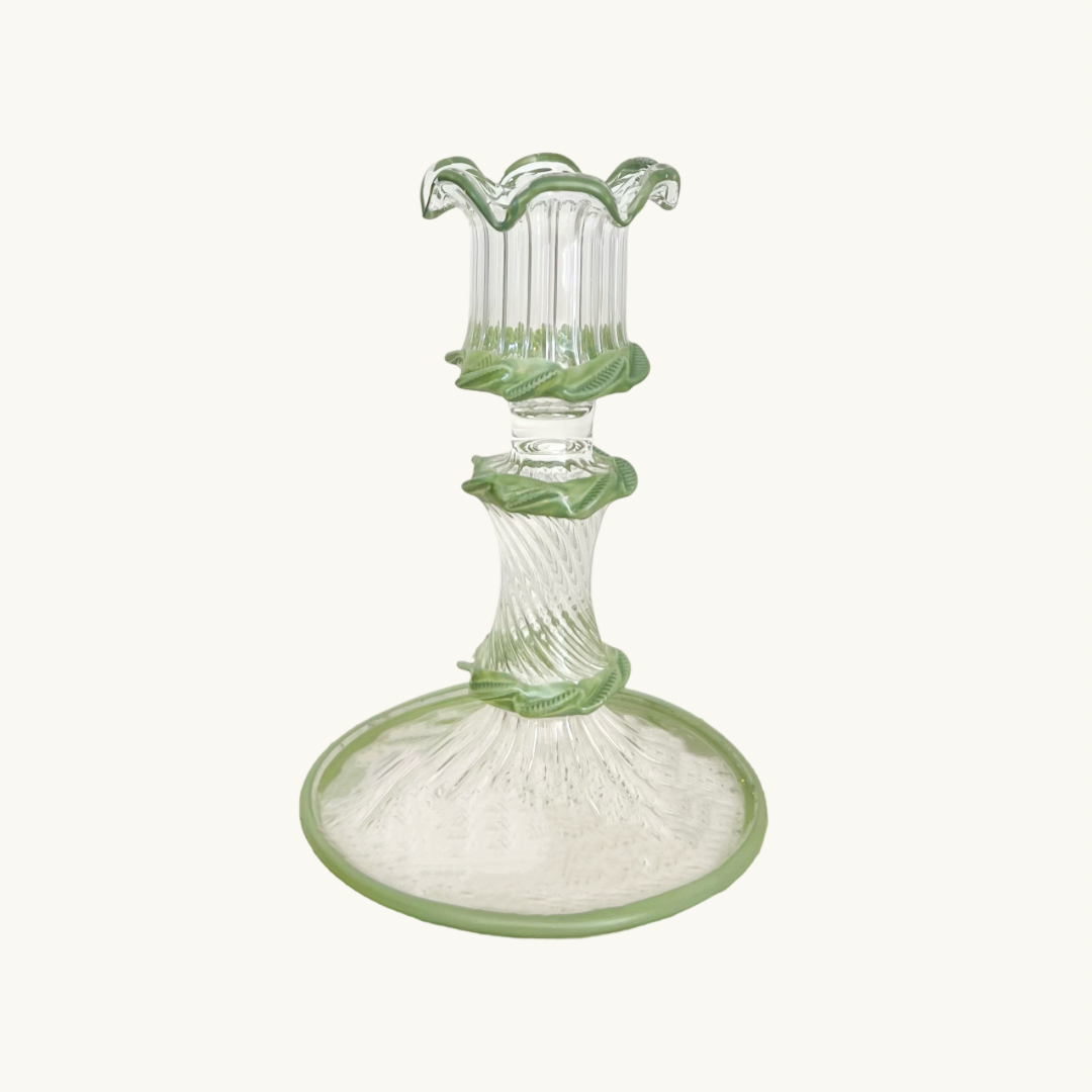 Dusty Green Frilled Glass Candlestick