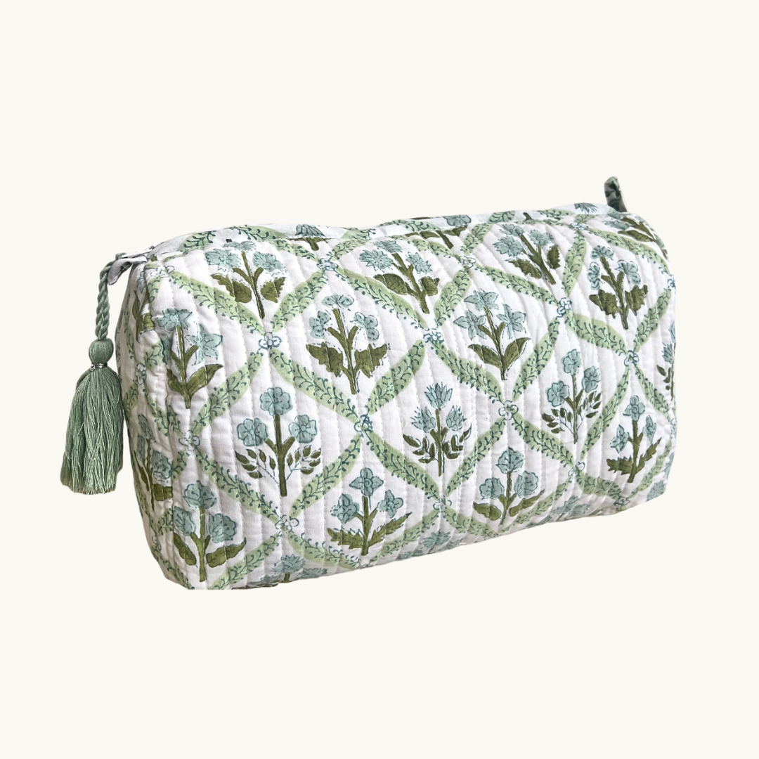 Blue and Green Trellis Handblocked Wash Bag