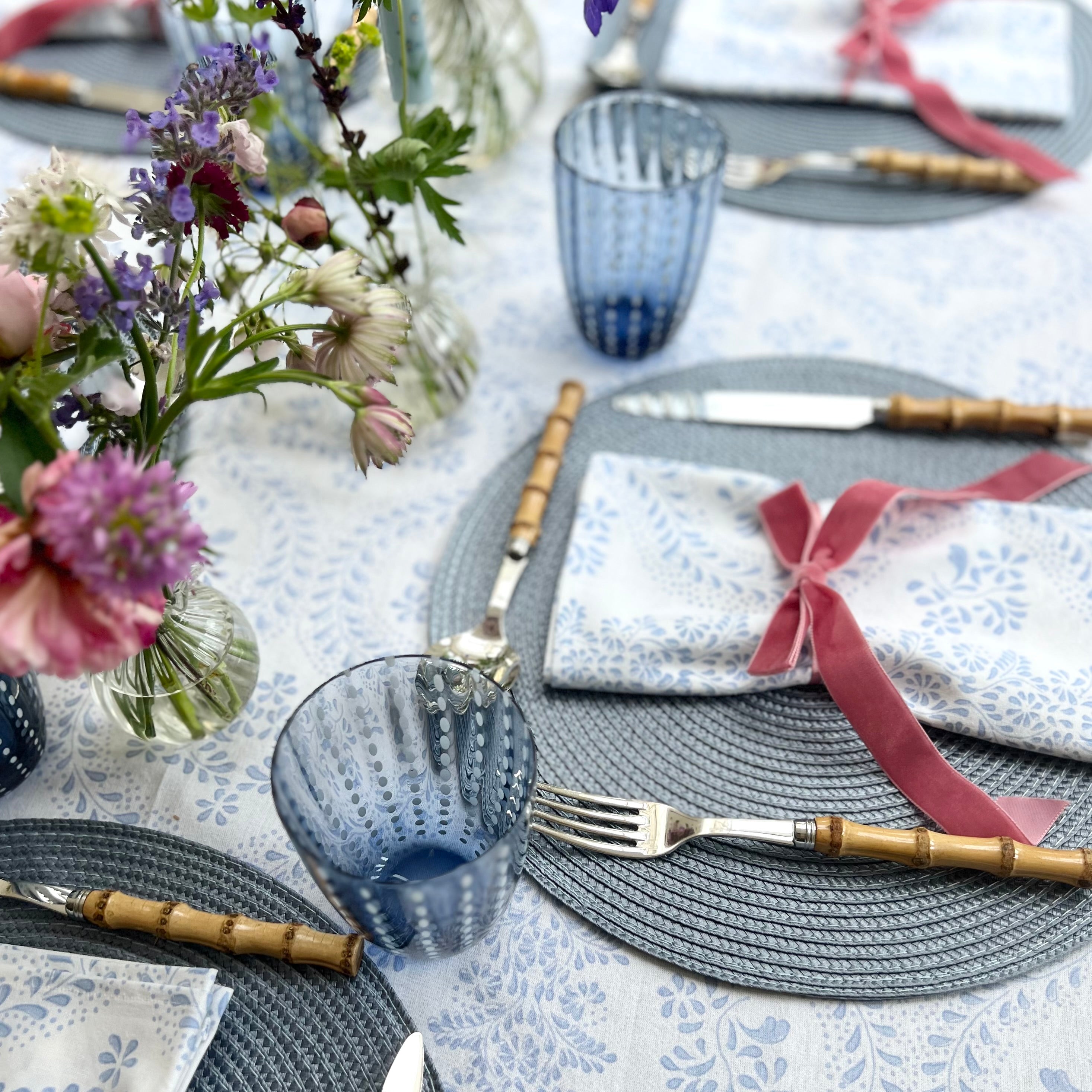 Blue Rosalie Frilled Handblocked Tablecloth