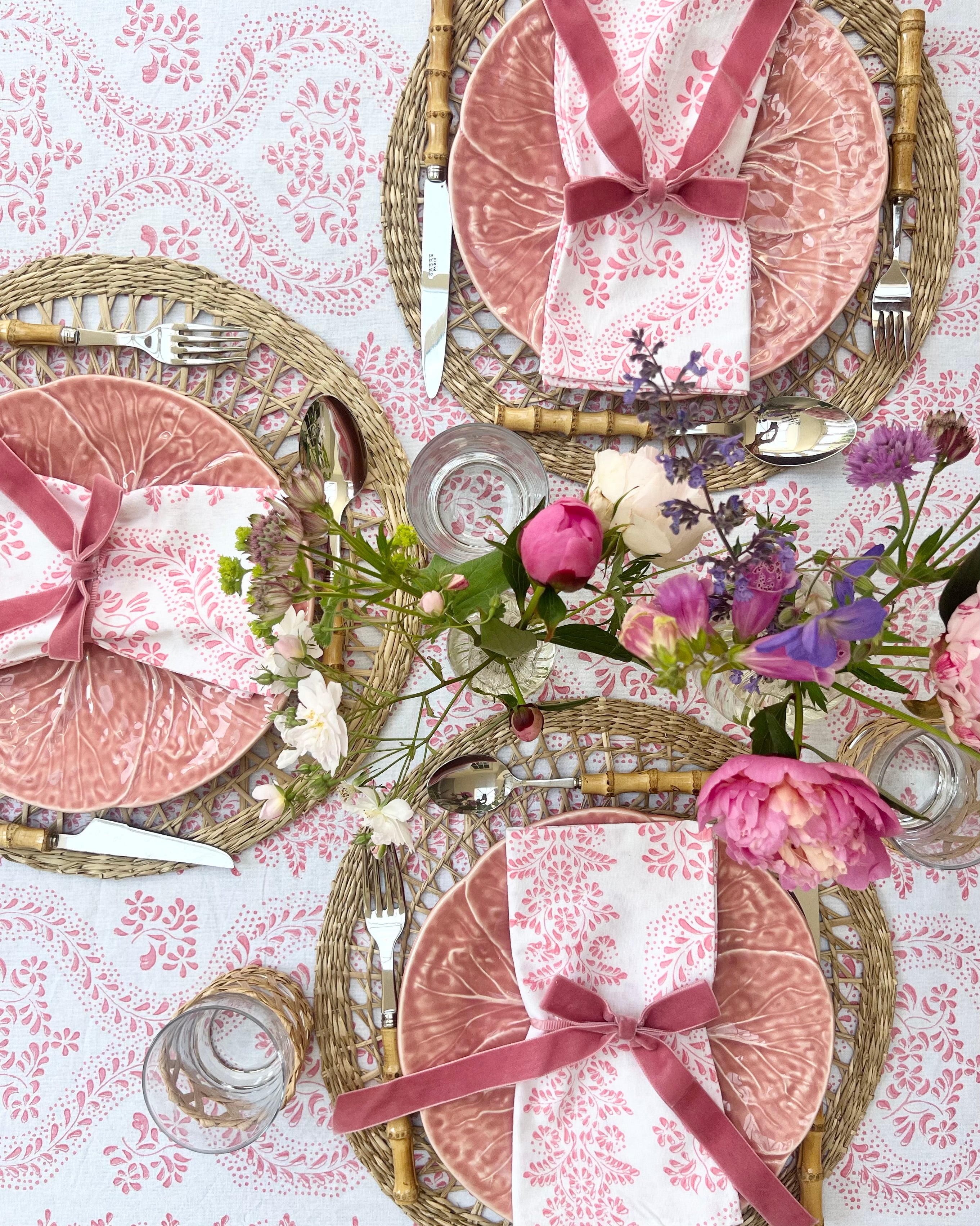 Pink Rosalie Frilled Handblocked Tablecloth