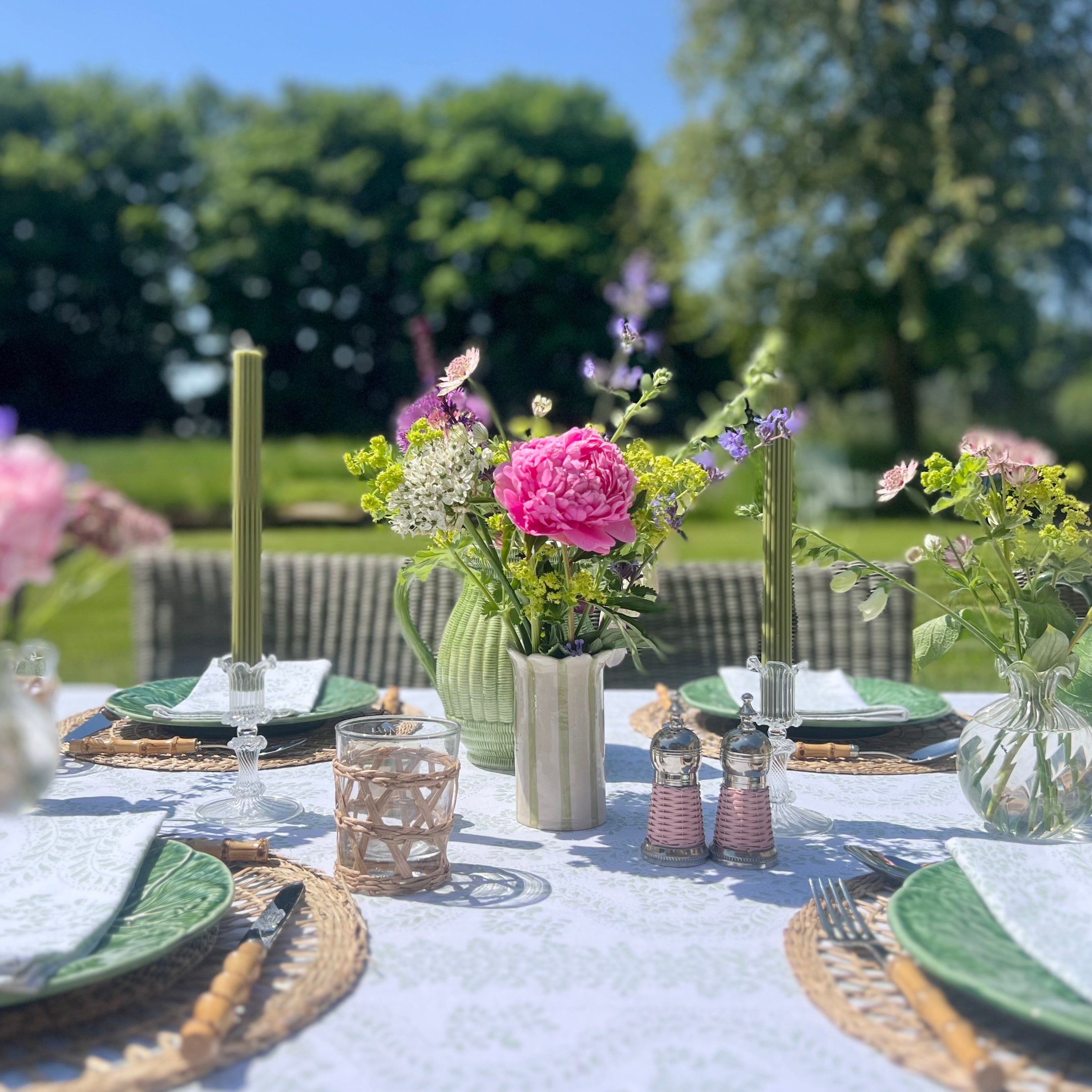 Green Rosalie Frilled Handblocked Tablecloth