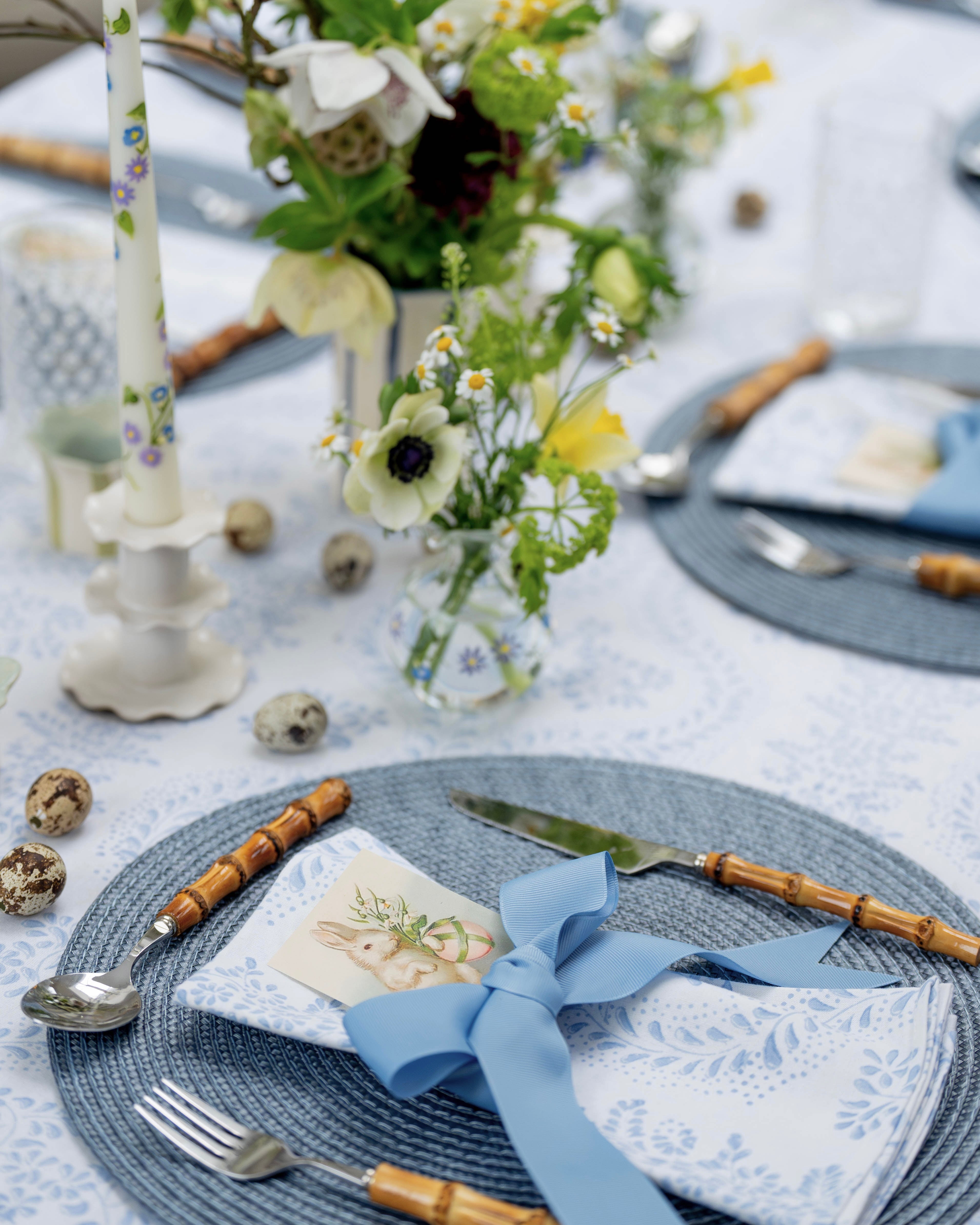 Blue Rosalie Frilled Handblocked Tablecloth