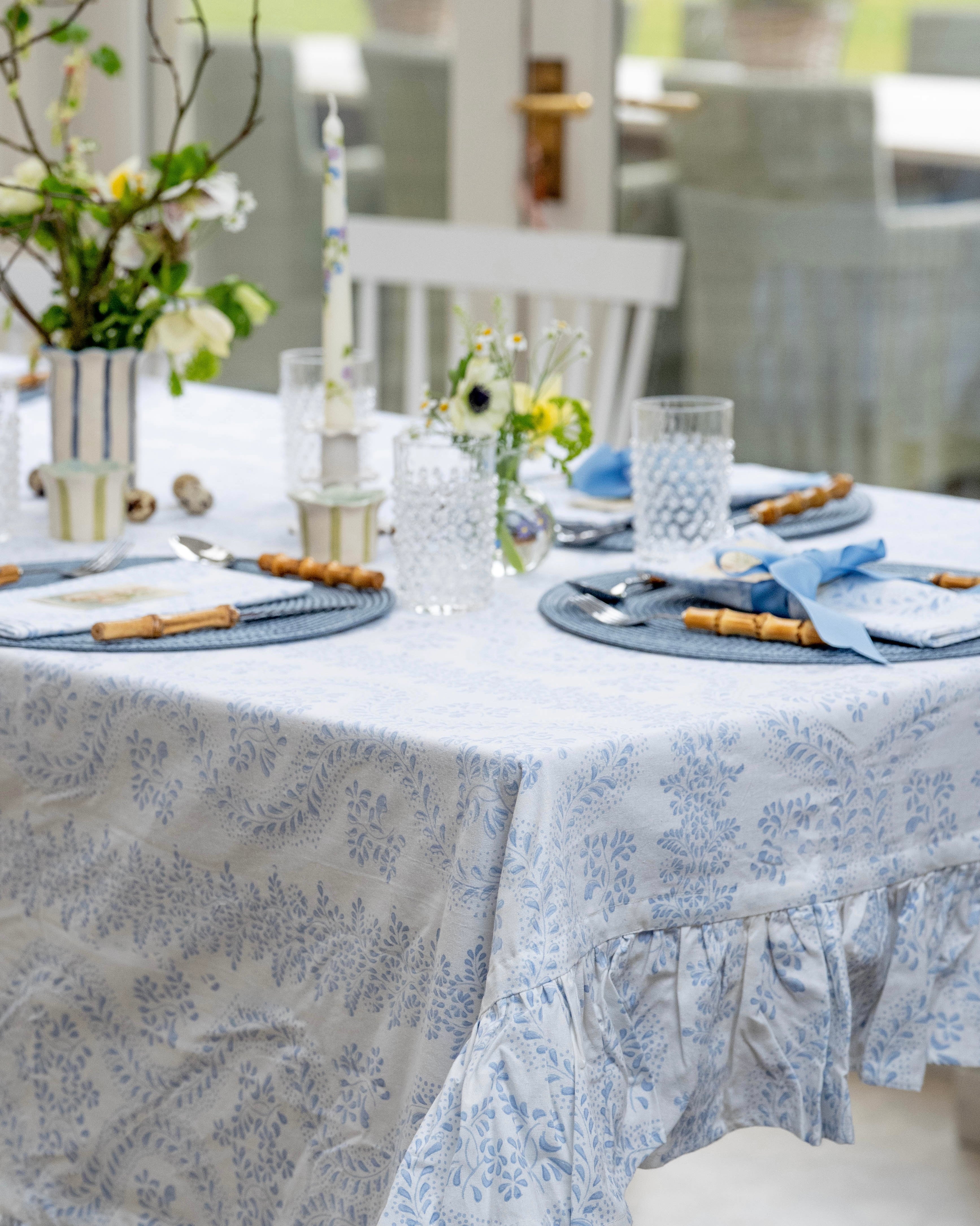 Blue Rosalie Frilled Handblocked Tablecloth