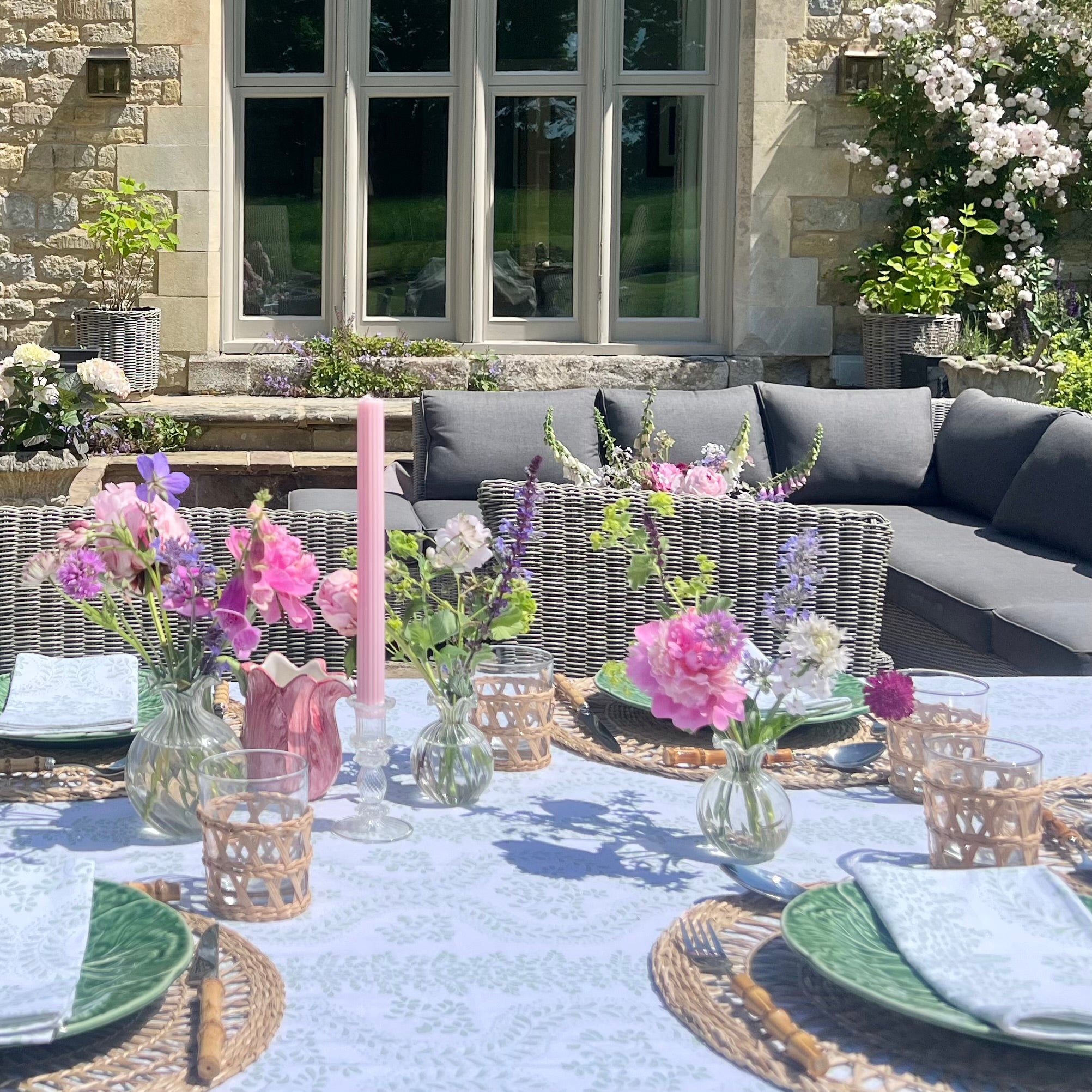 Green Rosalie Frilled Handblocked Tablecloth