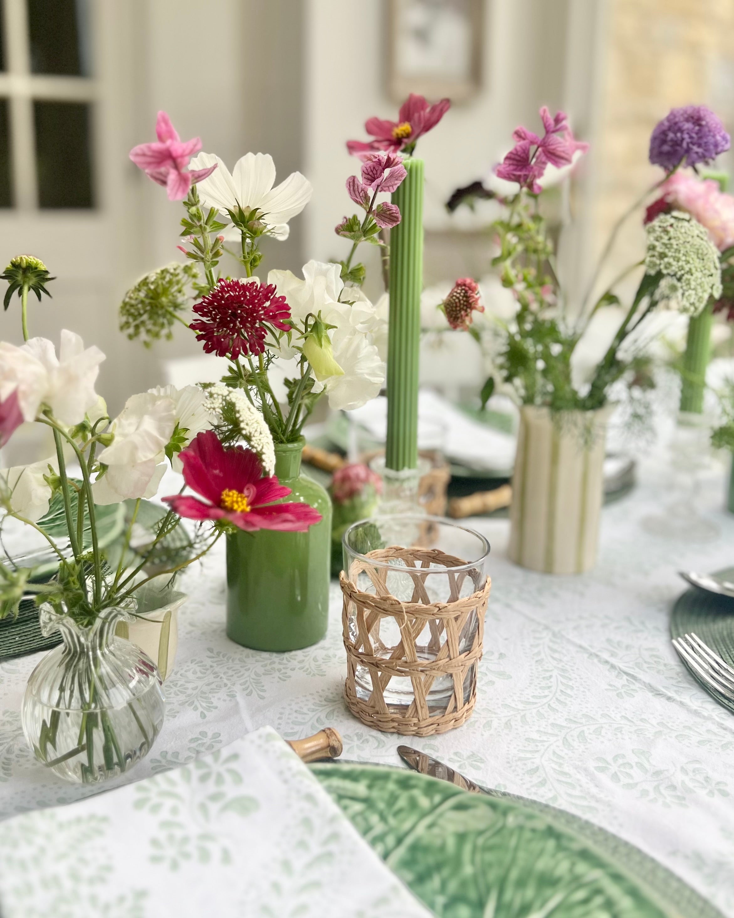 Green Rosalie Frilled Handblocked Tablecloth