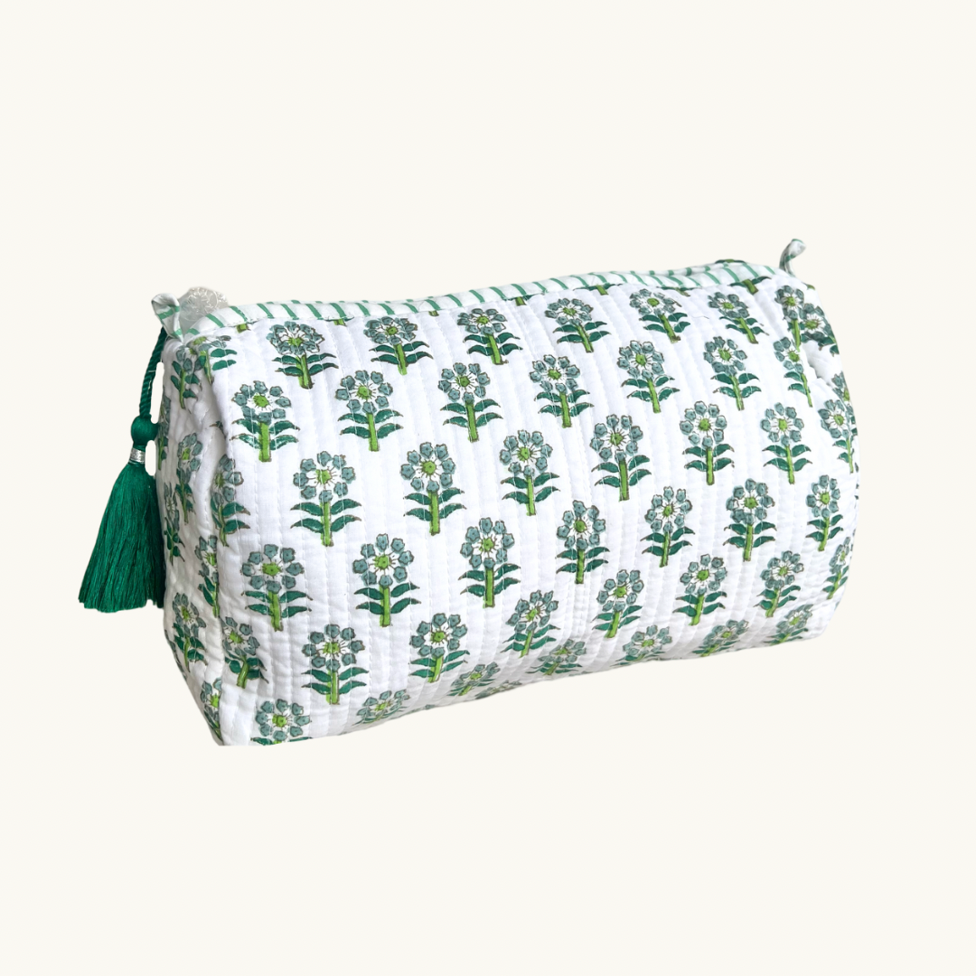 Green Daisy Handblocked Wash Bag