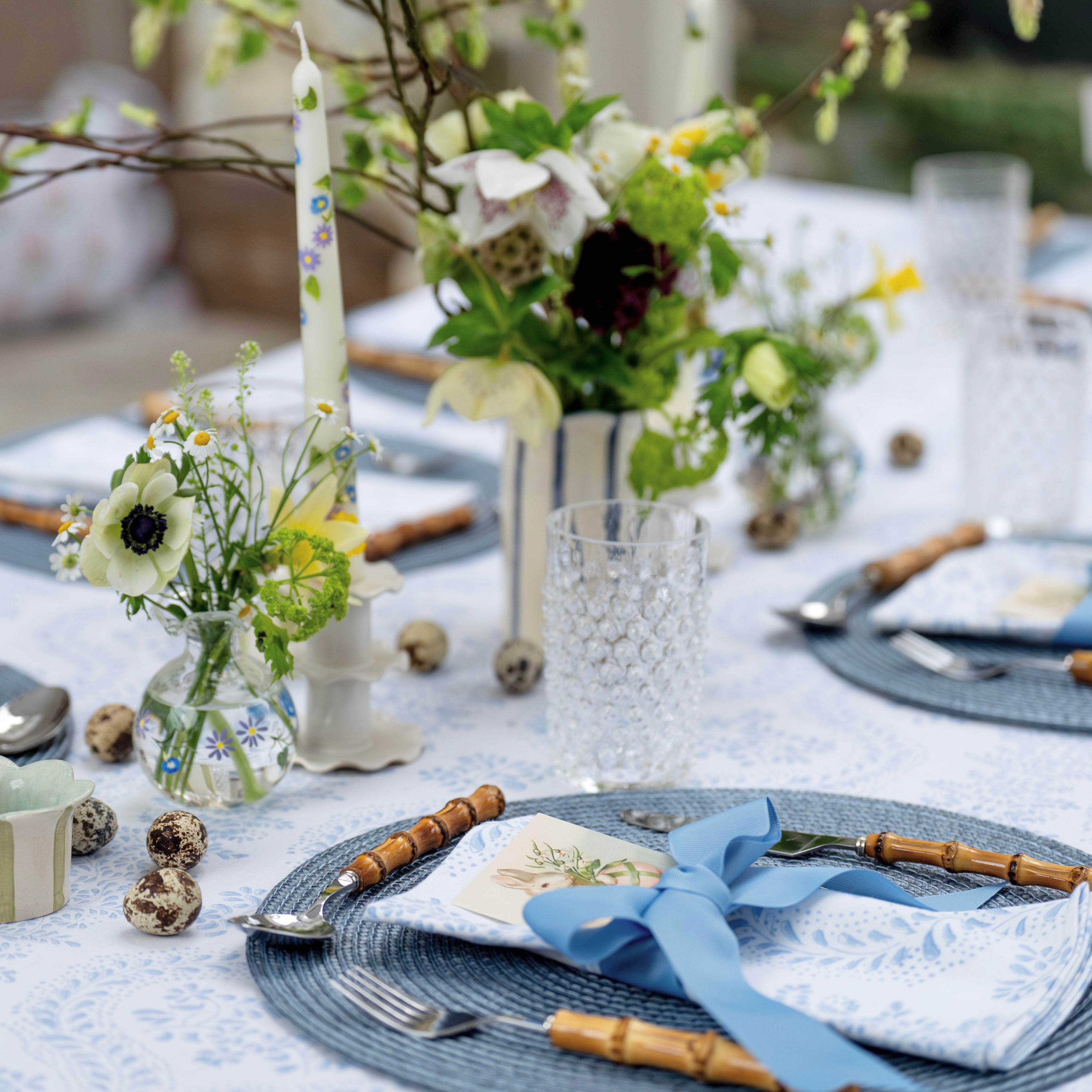 Blue Rosalie Frilled Handblocked Tablecloth