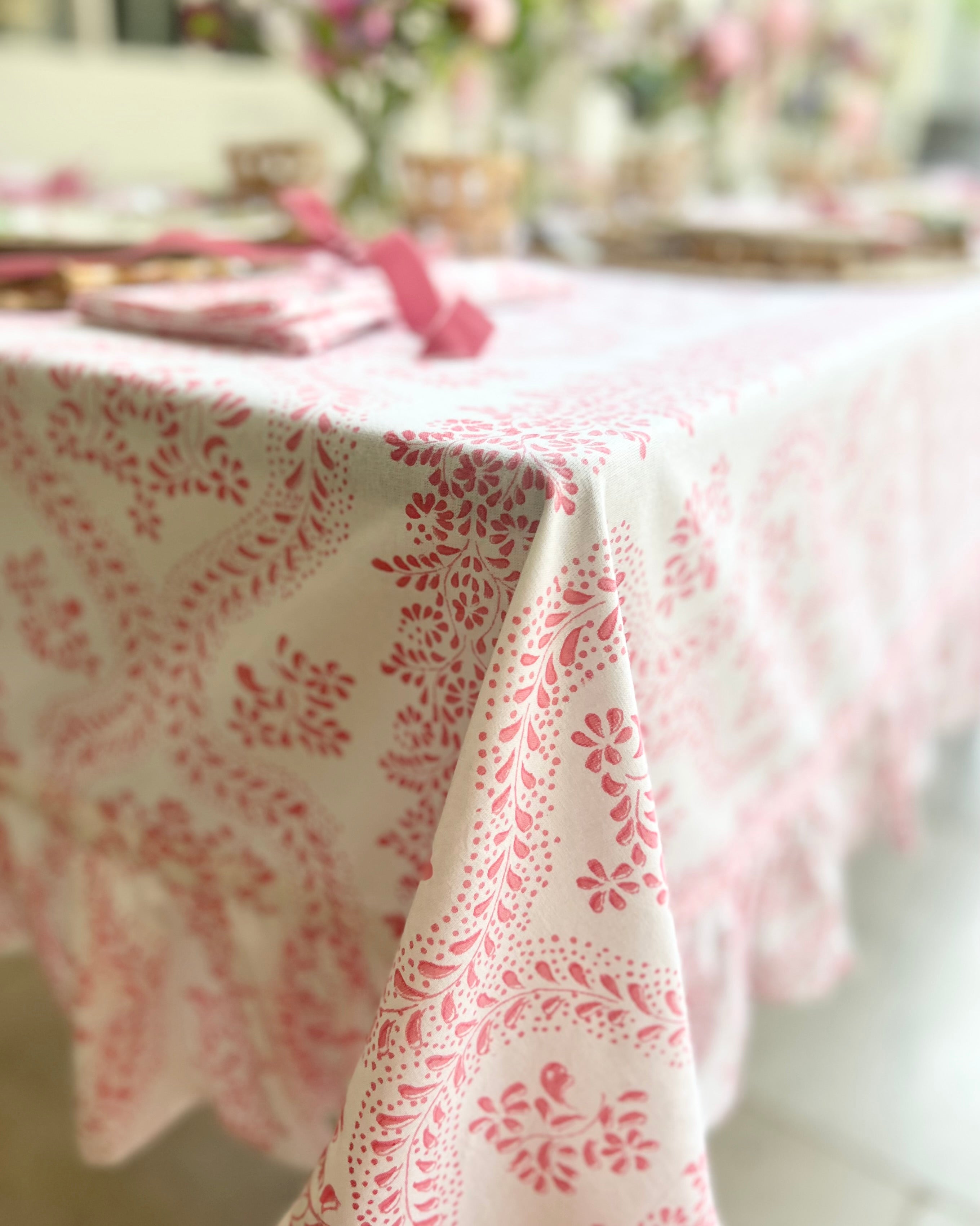 Pink Rosalie Frilled Handblocked Tablecloth