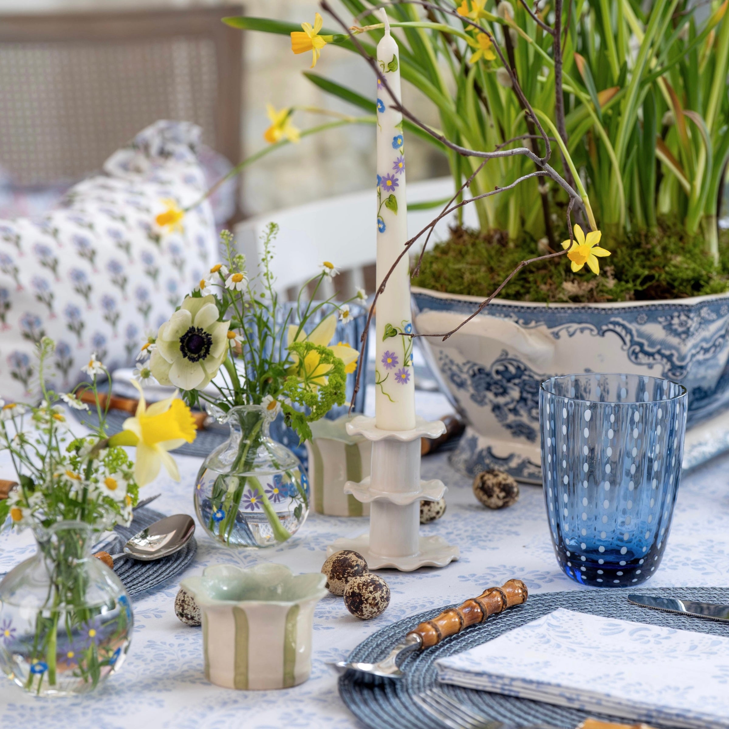 Blue Rosalie Frilled Handblocked Tablecloth