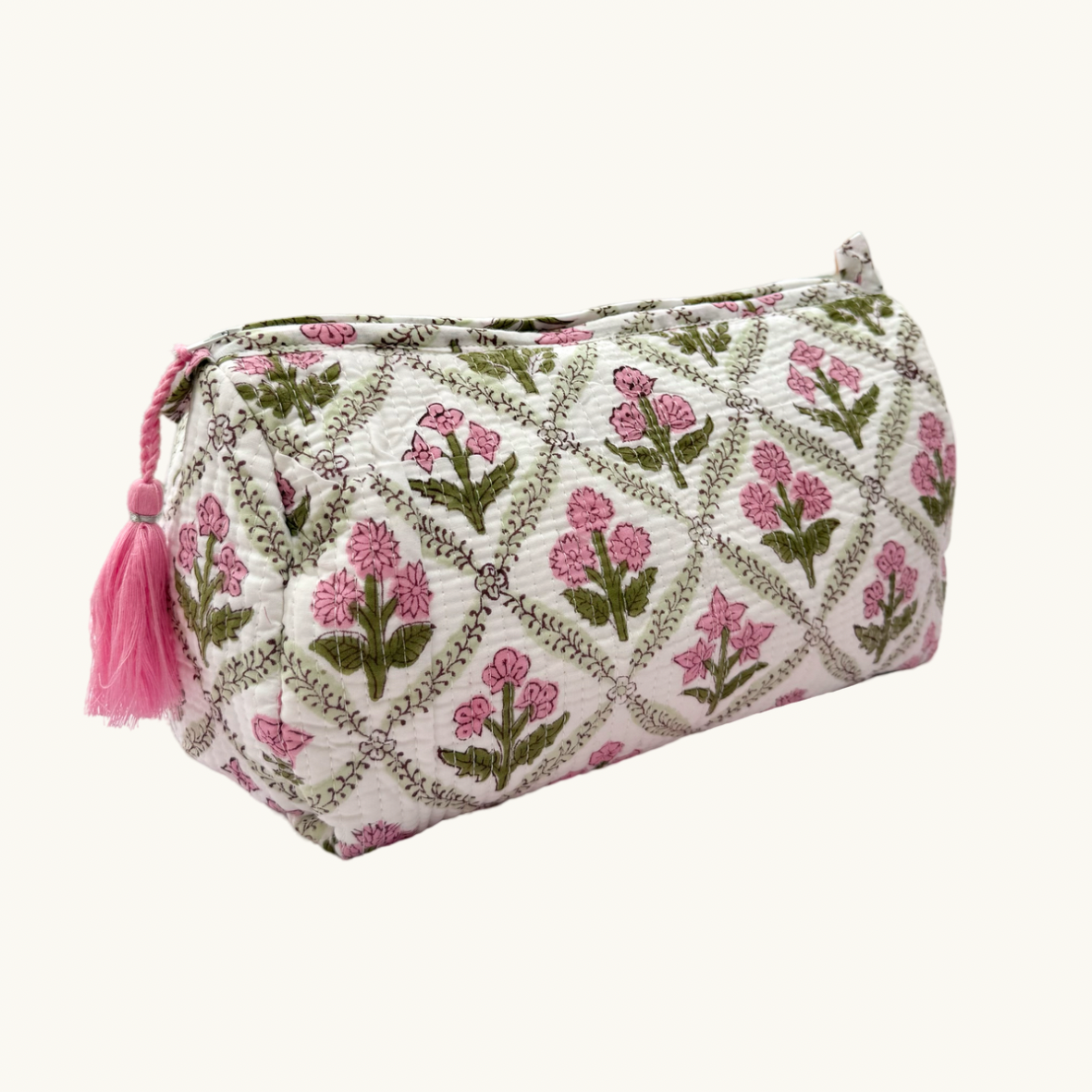 Pink and Green Trellis Handblocked Wash Bag