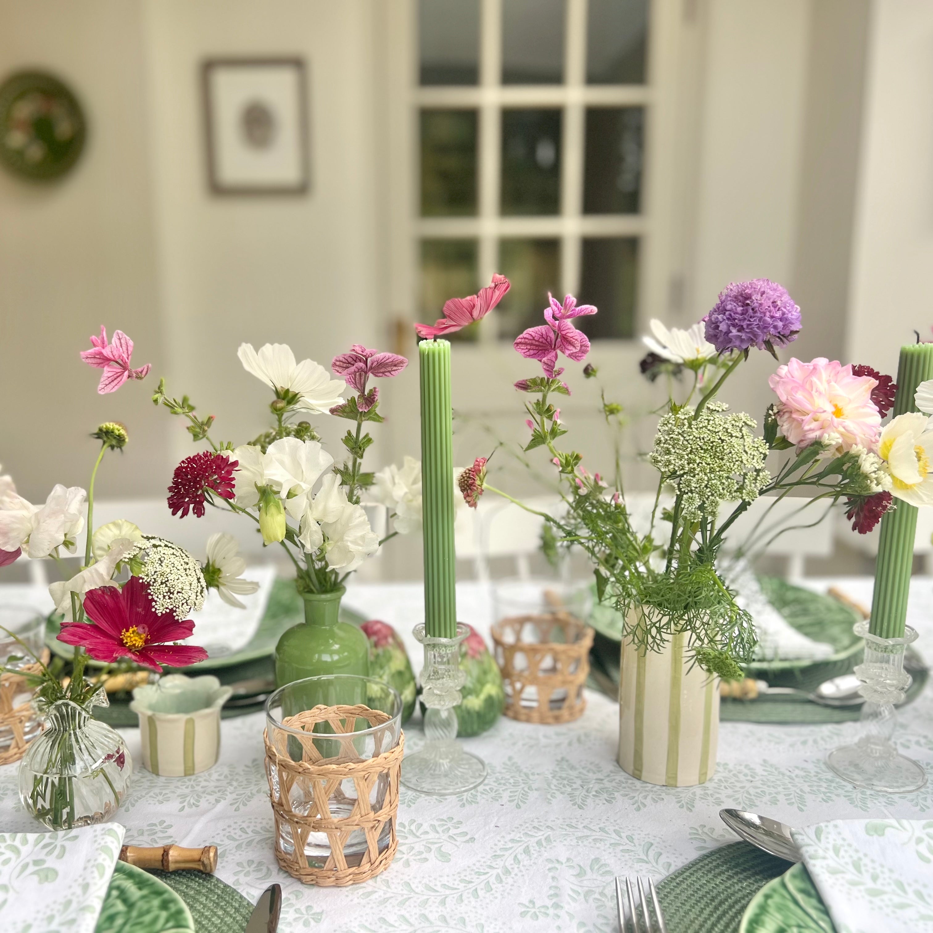 Green Rosalie Frilled Handblocked Tablecloth