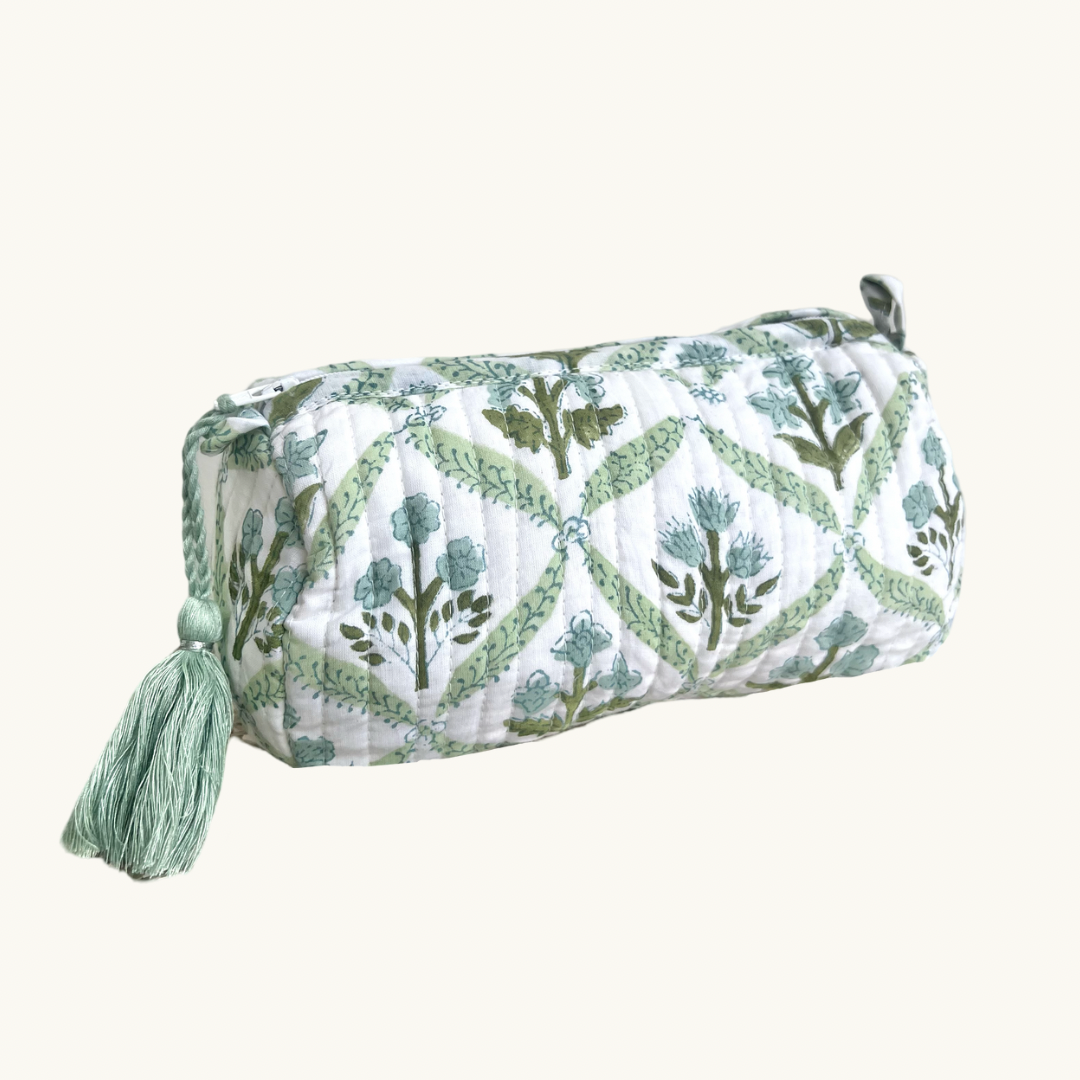 Blue and Green Trellis Handblocked Wash Bag