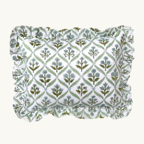 Blue and Green Trellis Handblocked Frilled Cushion