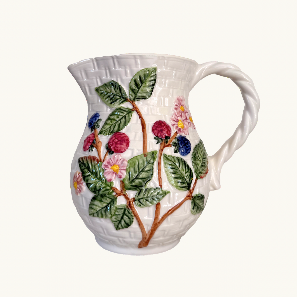 Fruit and Berries Basketweave Ceramic Jug