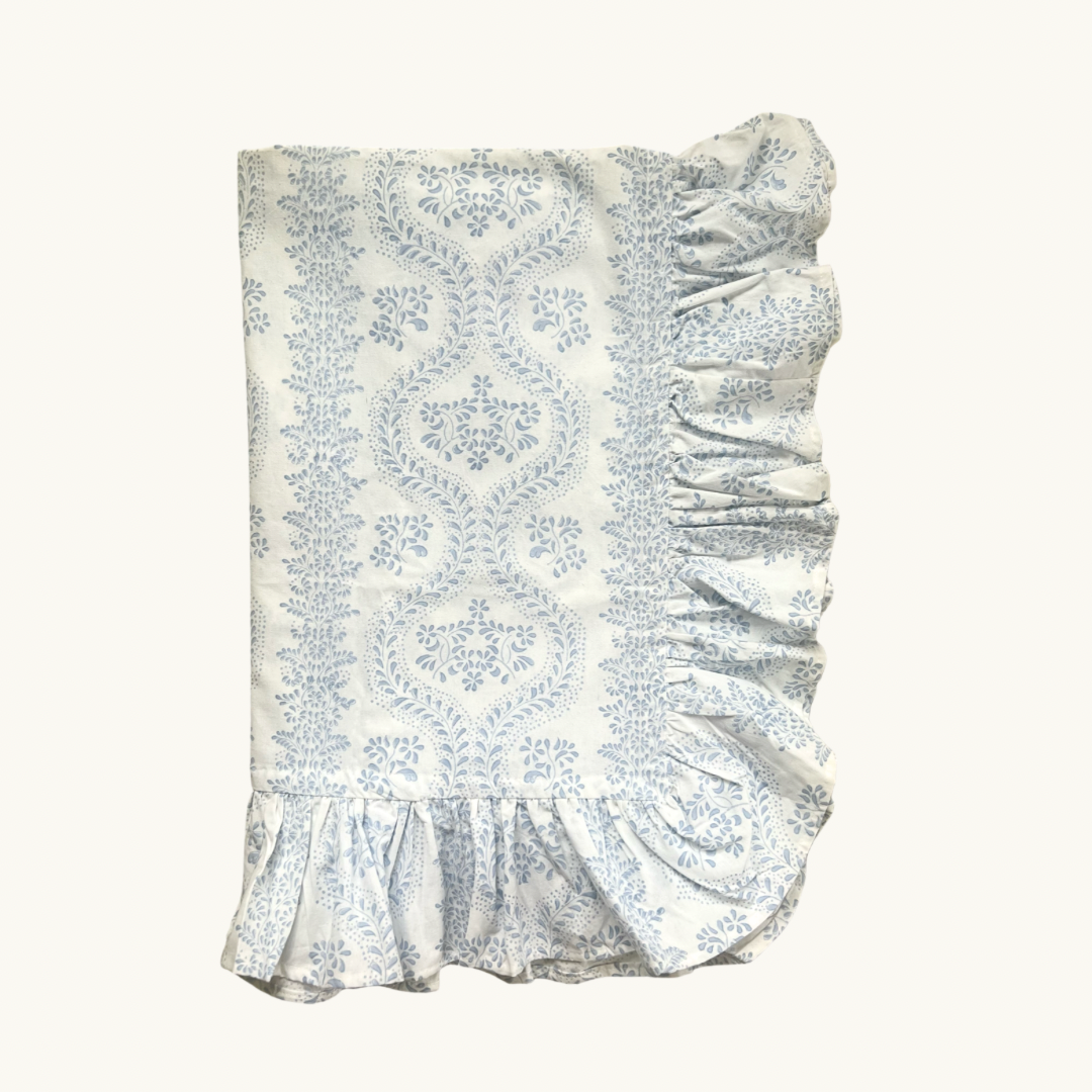 Blue Rosalie Frilled Handblocked Tablecloth
