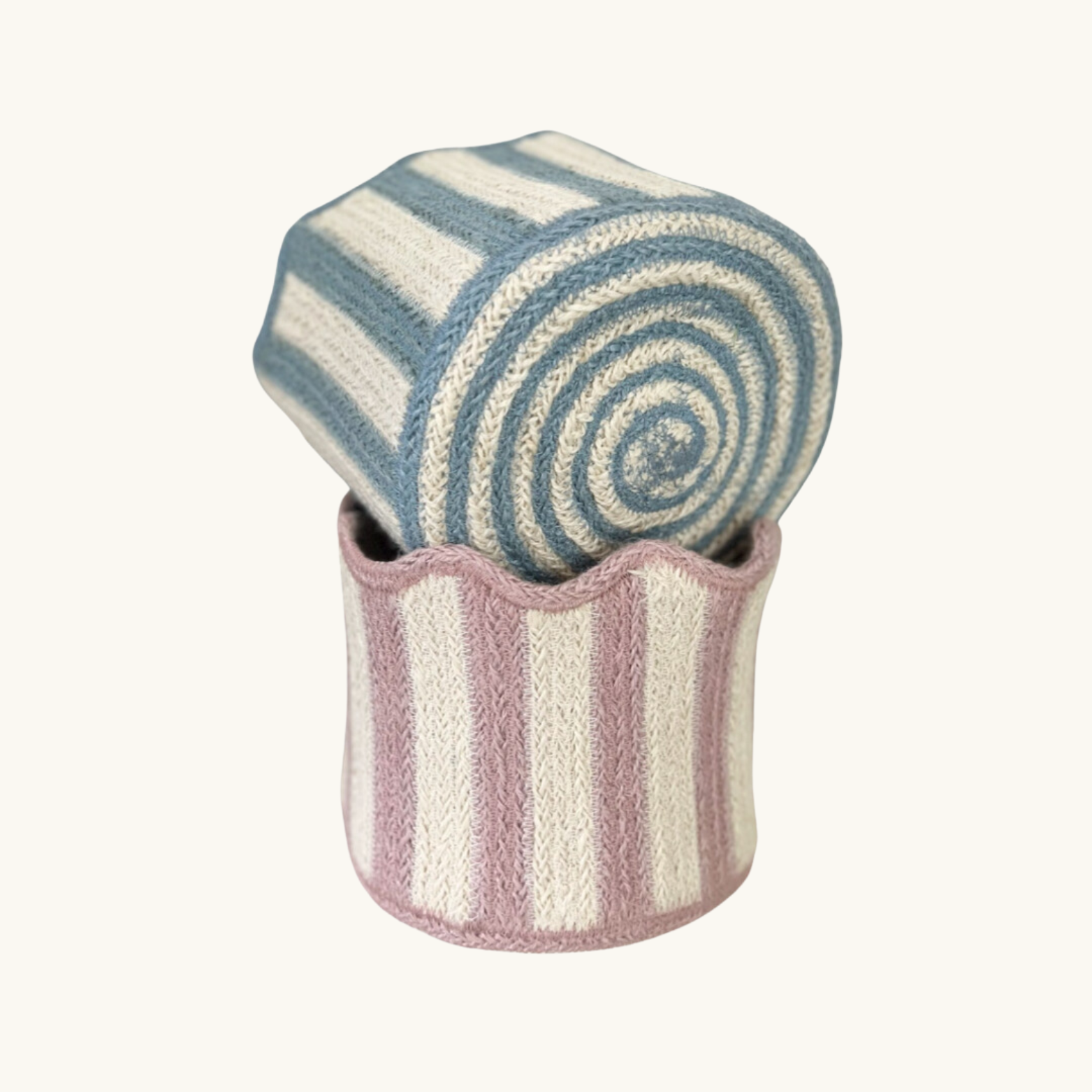 Dusty Blue Striped Scalloped Basket