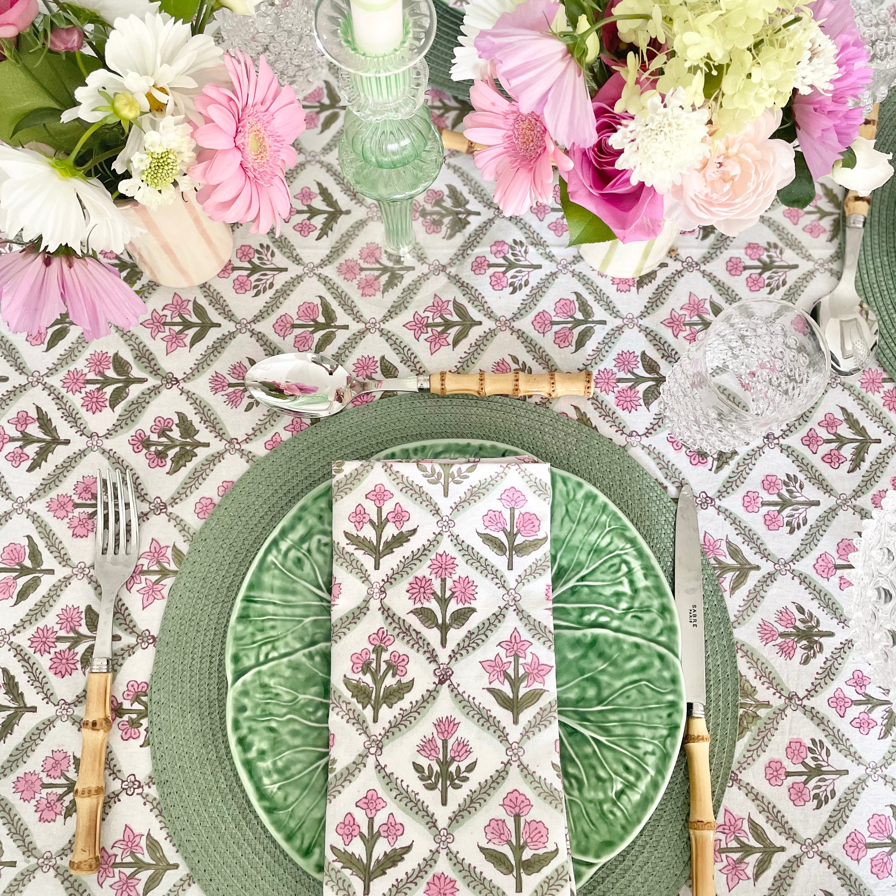 Pink and Green Trellis Handblocked Tablecloth